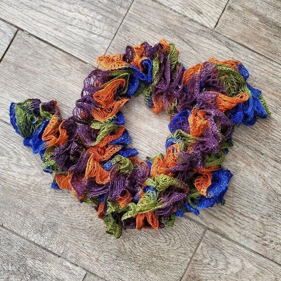 BOGO Scarf Sale - Hand Crafted crochet orange green blue and purple ruffle scarf - Picture 4 of 6